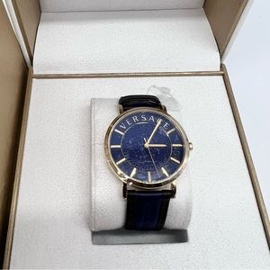 Versace VEJ400321 V-Essential gold blue brown Leather Men's Watch NEW